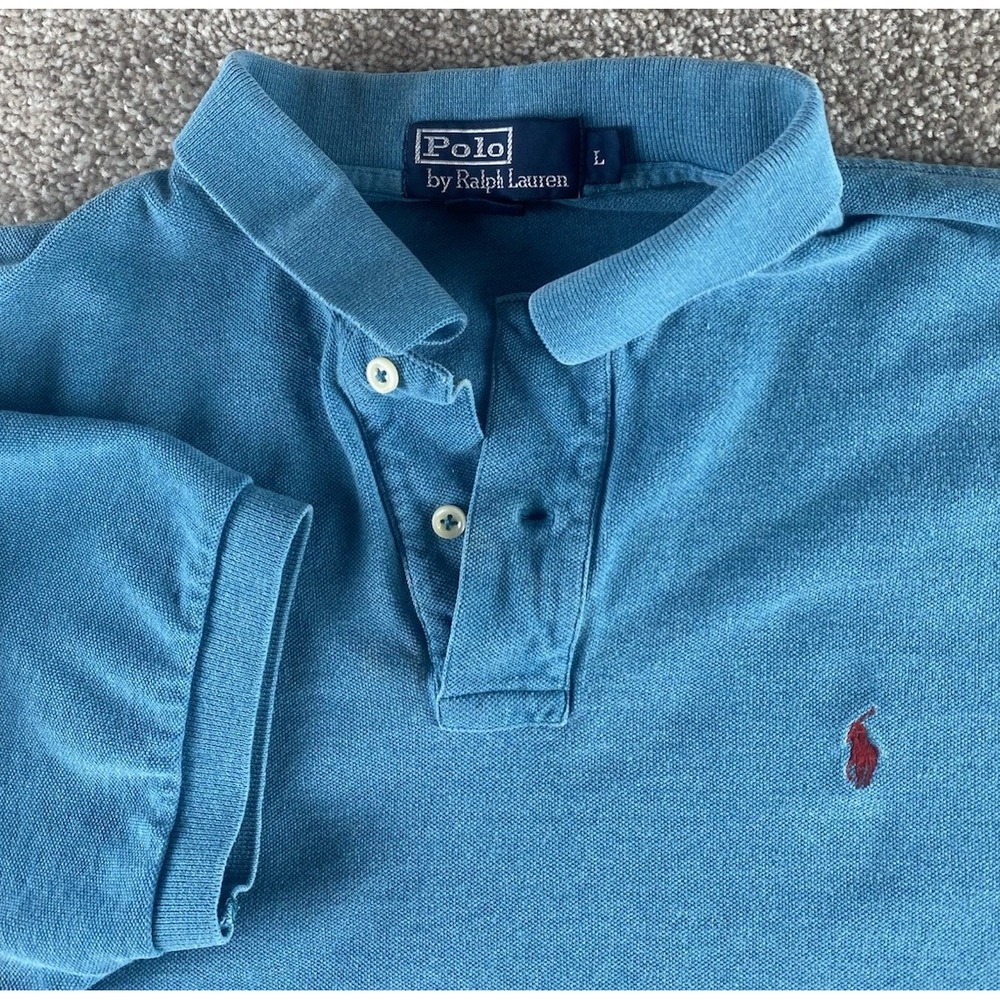 Polo Ralph Lauren Solid Blue Cotton Polo Shirt Red Pony Mens L Preppy Work Dress